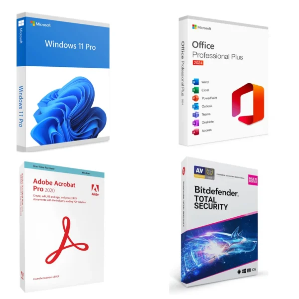 Pachet PROMO 4 in 1 Business: Licenta Windows 11 Professional + Office 2024 Professional Plus + Adobe Acrobat Pro 2020 + Bitdefender Total Security 1 an de zile