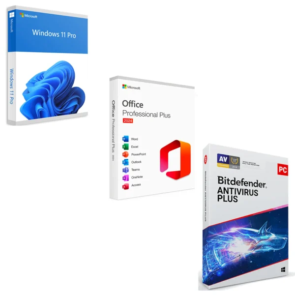 Pachet licente digitale Microsoft Windows 11 Professional + Microsoft Office 2024 Professional Plus + Bitdefender Antivirus Plus 1 an de zile